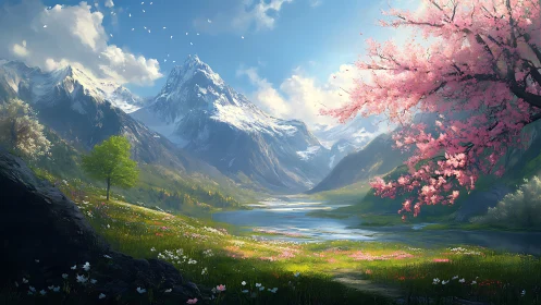 Digital landscape depicts alpine valley with lake and blossoms