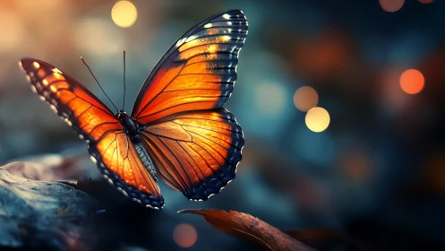Luminous orange butterfly rests on leaf in cool bokeh glow.