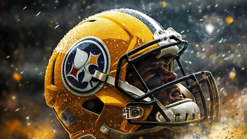 Yellow football helmet close-up under rain and sparks.