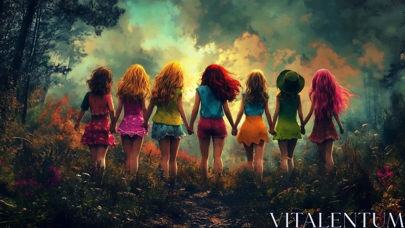 Seven girls holding hands in a dreamy forest, vibrant fantasy art.