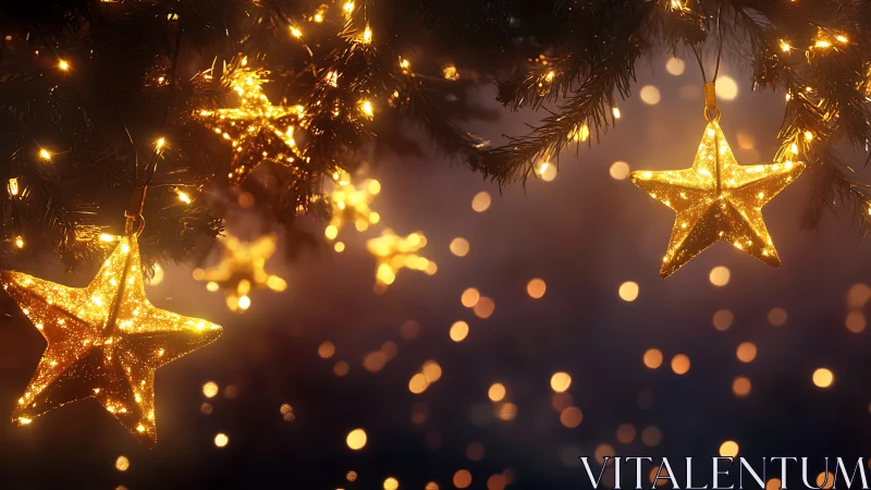 Golden star ornaments glowing on festive evergreen branches.