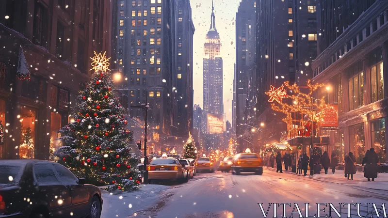 Cozy city street glowing with Christmas lights and snowfall.