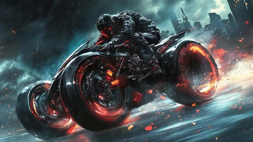 Rain-soaked cyber racer corners on twin-wheel bike with plasma rims