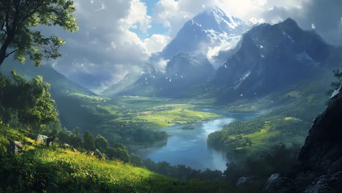 Sunlit river valley cradles mountains in luminous silence