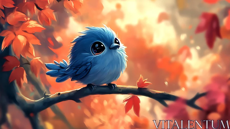 Cute blue cartoon bird on autumn branch, whimsical digital art.