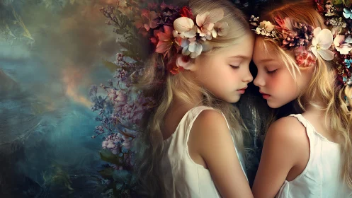 Dreamlike twin girls with floral crowns in soft light.