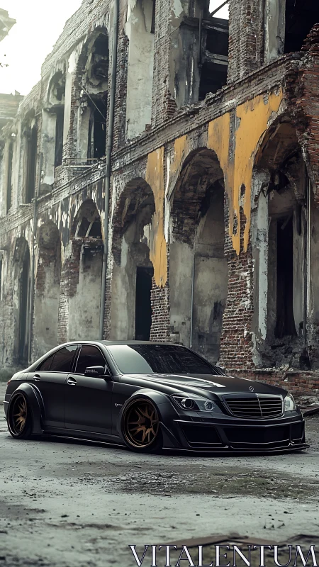 Matte black Mercedes sedan parked by ruined brick building.