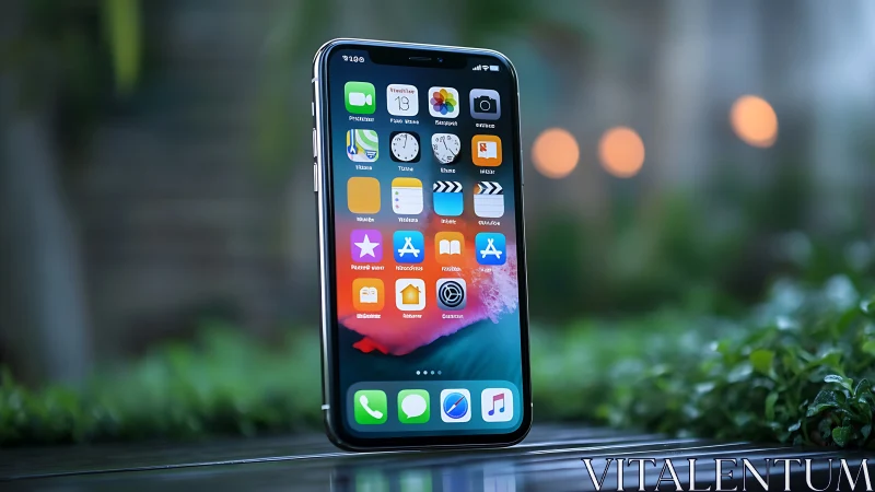 iPhone Displaying Home Screen with Application Icons and Blurred Environment.