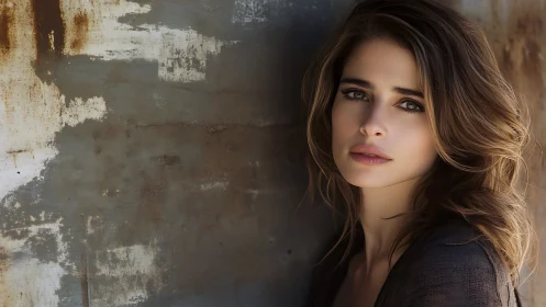 Woman gazes softly beside weathered rusted metal wall