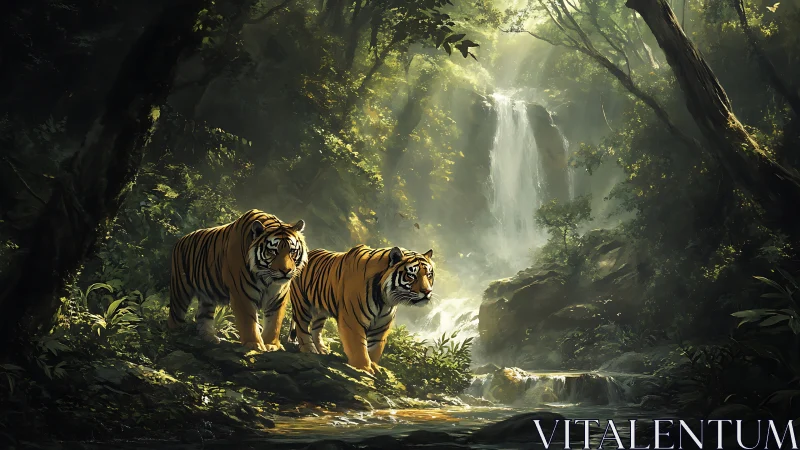 Two Tigers Rest in Misty Forest with Waterfall