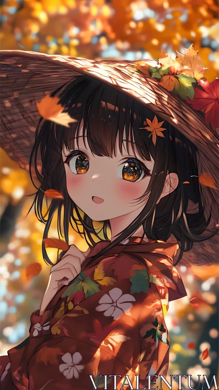 Autumn kimono portrait renders bokeh-lit foliage in anime realism