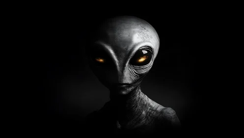Alien portrait with glowing eyes in deep black void.