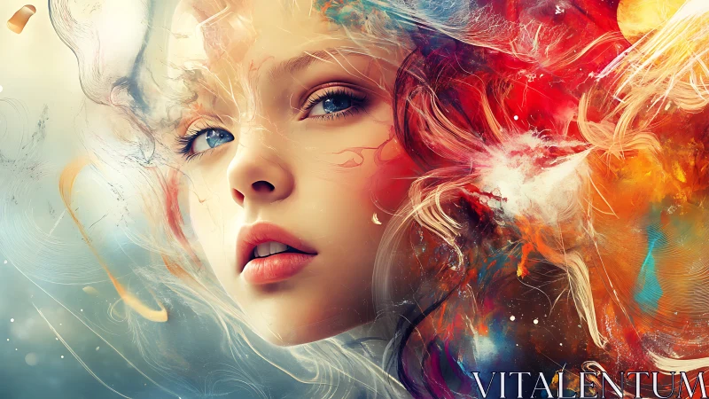 Surreal portrait merges ethereal female face with radiant nebula