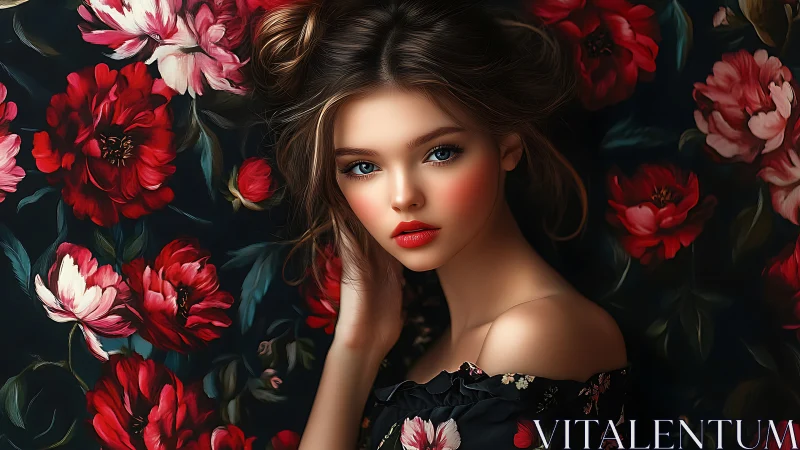 Digital portrait of young woman posed against red florals.