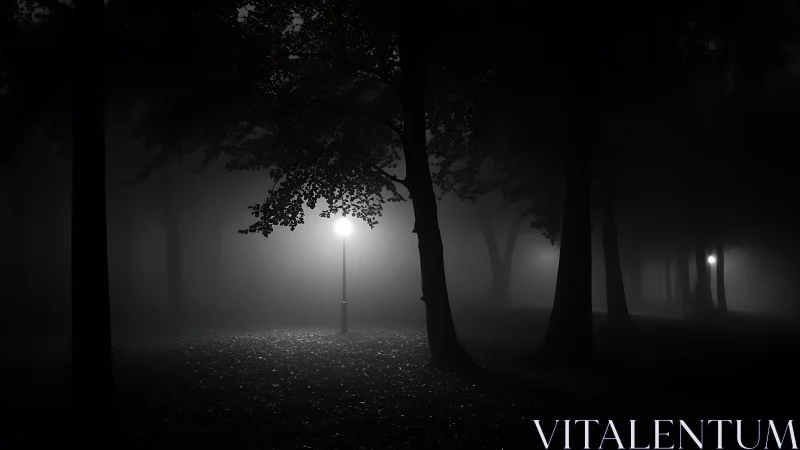 Single lamppost illuminates dense fog in dark forest