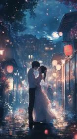 Romantic couple kissing in rainy lantern lit night street.