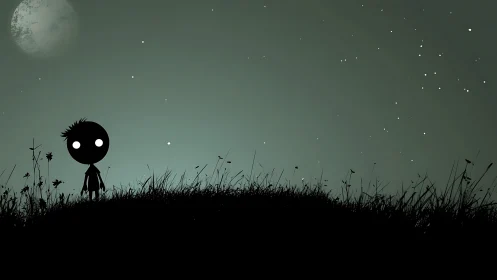 Silhouette child with glowing eyes stands under night sky