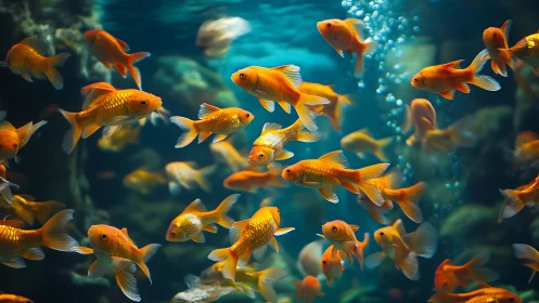 Golden fish drift gently through a bright, bubbling aquarium