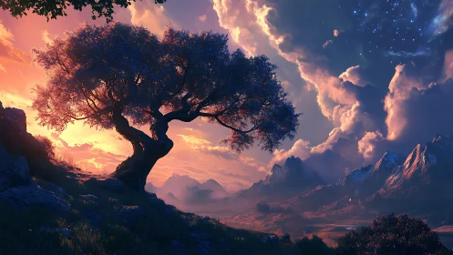 Starlit valley landscape with windswept tree at sunset glow