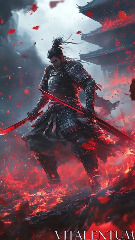 Armored samurai warrior stands in burning battlefield.