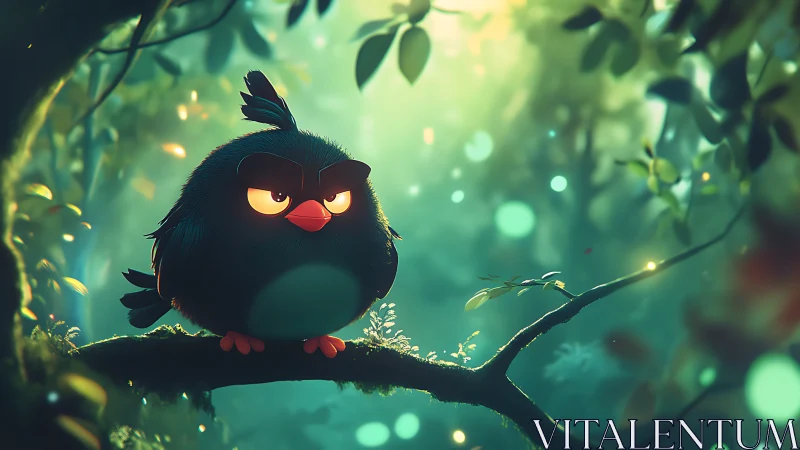 Grumpy Cartoon Black Bird on Forest Branch, Soft Digital Art.