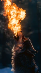 Photorealistic wolf side profile expelling vertical fire plume