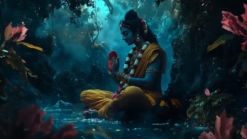 Divine blue yogi meditating beside luminous forest pool.