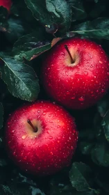 Wet red apples in dark foliage with cinematic close-up lighting.