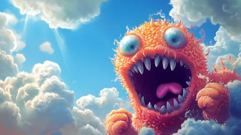 Orange cloud monster roars against bright blue sky.