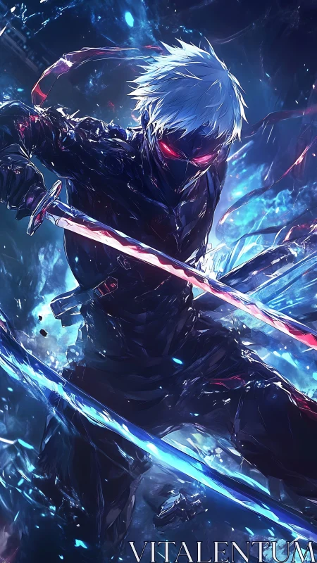 Cybernetic swordsman in fractured neon vortex duel.