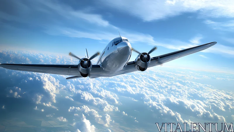 Streamlined twin‑engine propeller airliner cruising above clouds