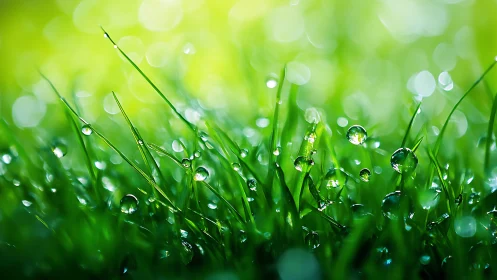 Macro dew droplets on backlit grass blades at sunrise