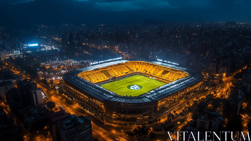 Luminous city stadium ignites the night in golden electric glow.