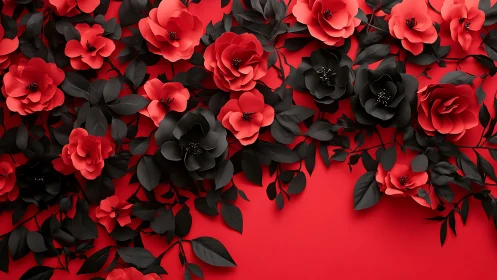 Three-dimensional rendered floral composition with stratified depth and contrasting chromatic palett