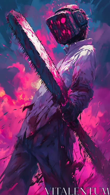 Masked figure with chainsaw in vivid pink blue chaos.