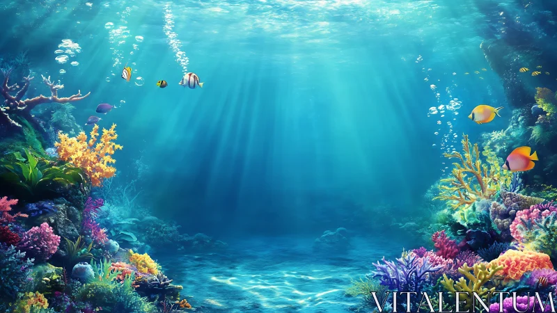 Sunlit coral kingdom with tropical fish in tranquil depths.