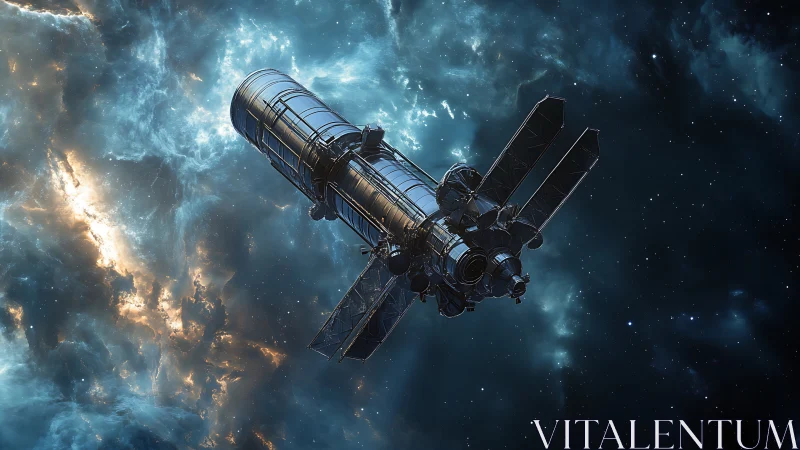 Star-foraging telescope adrift in a stormy teal nebula.