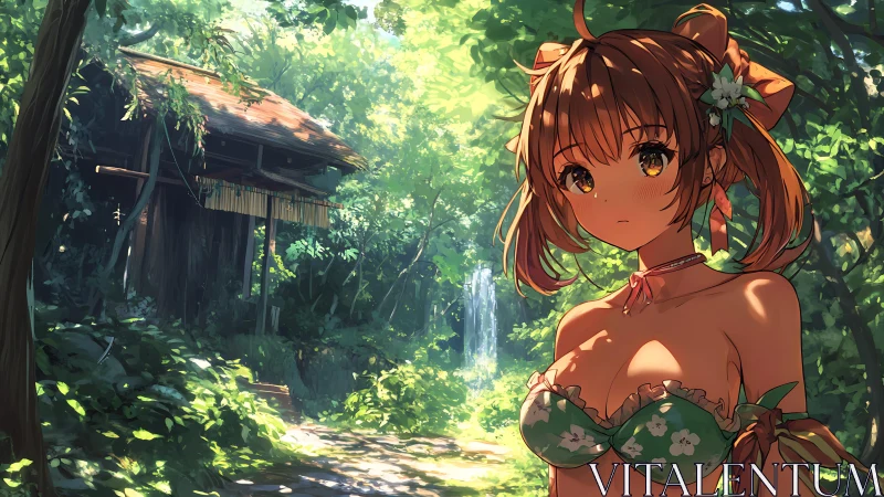 Anime girl in green bikini by secluded forest shrine.
