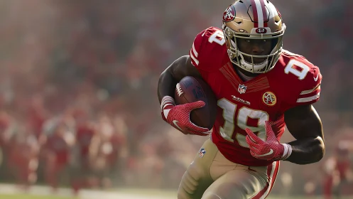 Football wide receiver sprinting with ball in red uniform.