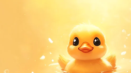Cute yellow duckling floats in warm golden water scene.