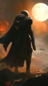 Lone armored sentinel under molten lunar battlefield sky.