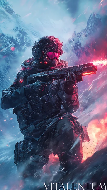 Armored soldier with energy rifle in icy mountain terrain.