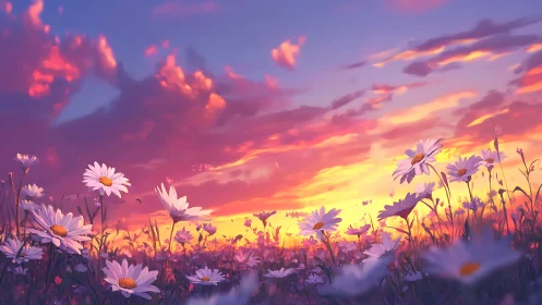 Daisy field under vivid multicolored sunset sky. Period.