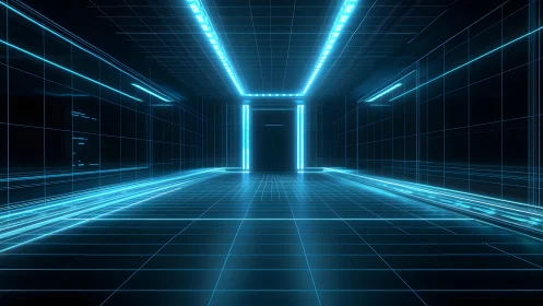 Futuristic neon-lit corridor with glowing blue grid lines, digital style.