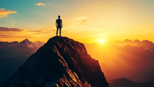 Silhouetted climber atop sunlit ridge against glowing horizon.