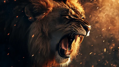 Roaring lion bathed in fiery golden light of dusk.