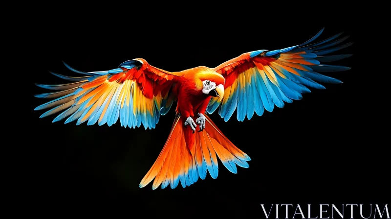 Vibrant Scarlet Macaw in Flight Against Black Background, Realistic Style.
