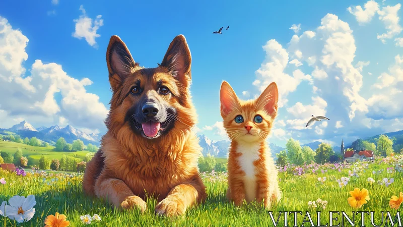 Corgi and Ginger Kitten in Alpine Meadow Landscape Composite