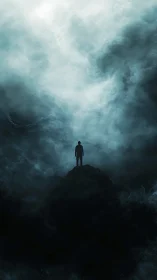 Solitary figure stands on dark peak under swirling storm