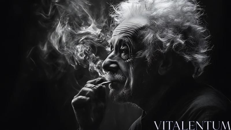 Smoky daydreams around a wild haired thinker in shadow.